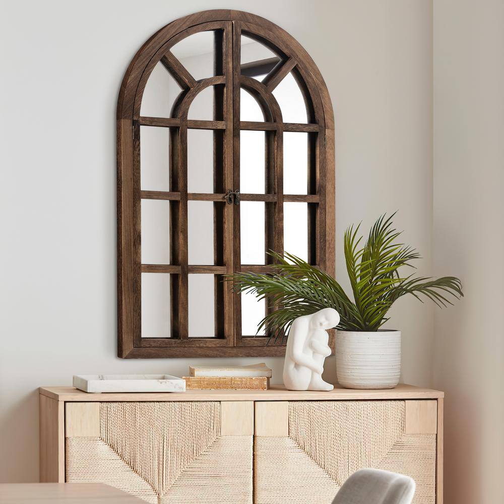 Charcoal Wood Arched Windowpane Decorative Wall Mirror