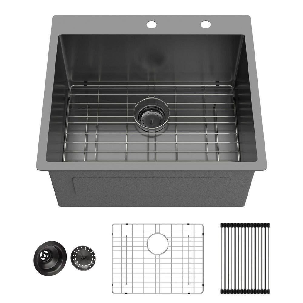 25 in. Drop-In Single Bowl 16 Gauge Gunmetal Black Stainless Steel Kitchen Sink with Bottom Grids price history on PriceWatchPro