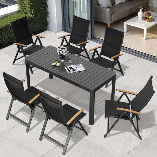 Black Expandable Rectangular Aluminum Outdoor Patio Dining Set with Portable Back-Ajustable Chairs (7 Pieces)
