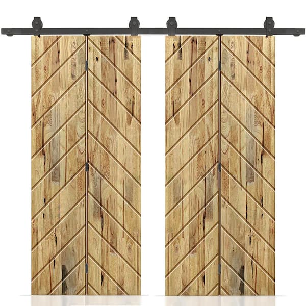 CALHOME Herringbone 52 in. x 80 in. Weather Oak-Stained Hollow Core Pine Wood Double Bi-Fold Door with Sliding Hardware Kit