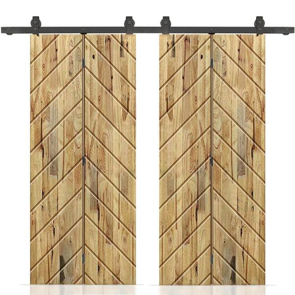 CALHOME Herringbone 56 in. x 80 in. Weather Oak-Stained Hollow Core Pine Wood Double Bi-Fold Door with Sliding Hardware Kit
