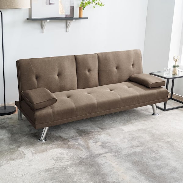 HOMESTOCK Mocha, Futon Sofa Bed Linen Futon Couch with Armrest and 2-Cupholders, Sofa Bed Couch Convertible with Metal Legs
