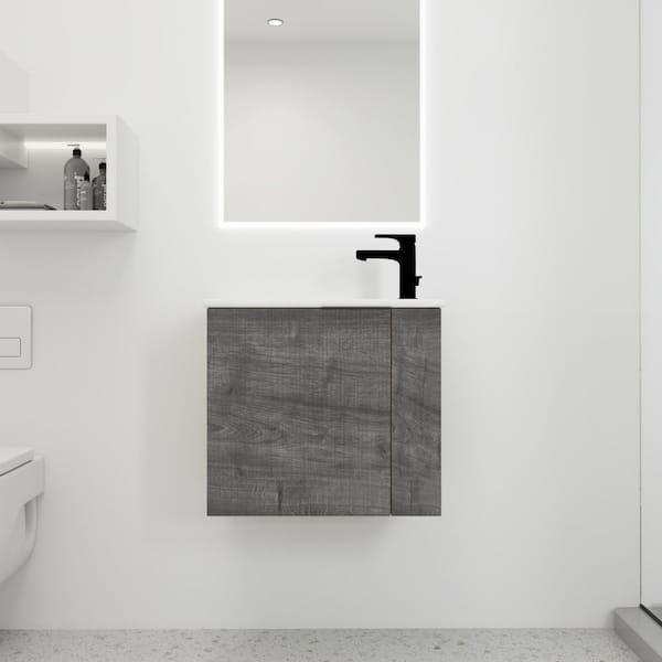 WELLFOR 22 in. W x 13 in. D x 19.7 in. H Single Sink Wall Mounted Floating Bathroom Vanity in Gray Oak with White Ceramic Top