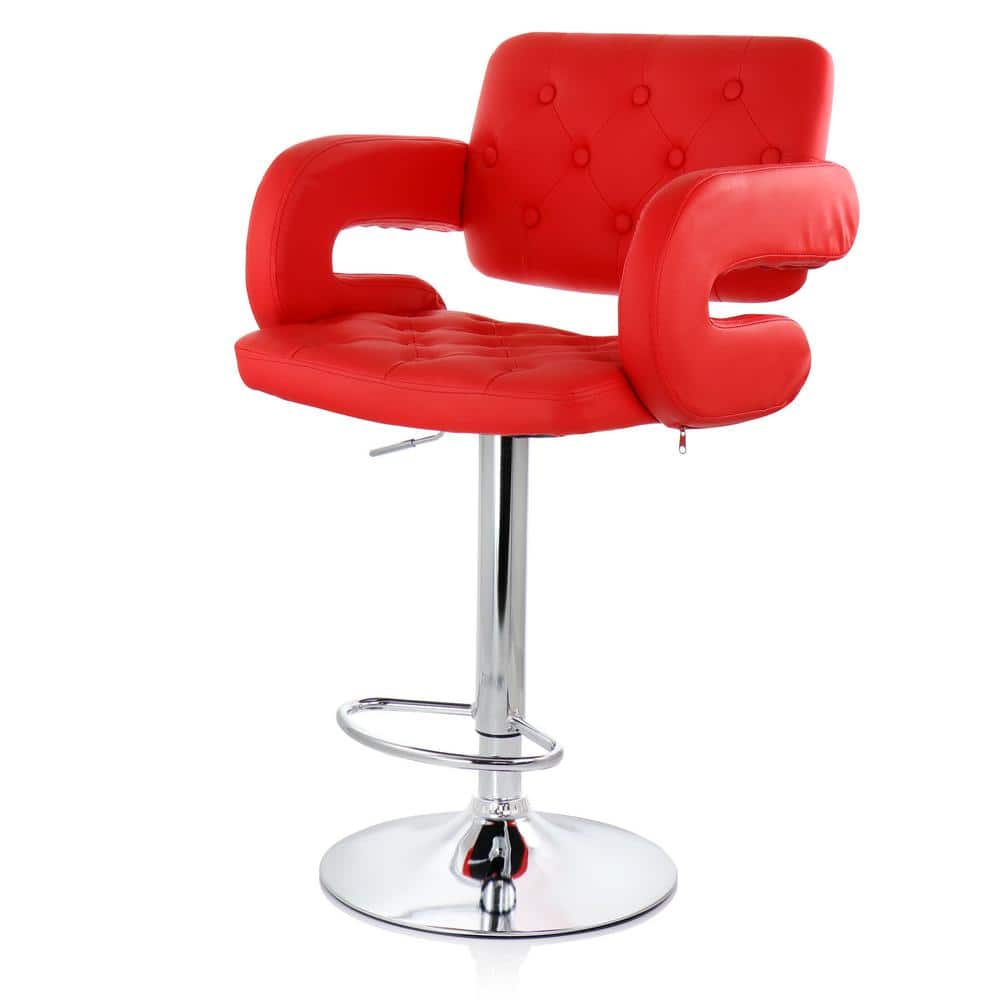 35 in. Red and Chrome High Back Faux Leather Tufted Bar Stool with Adjustab