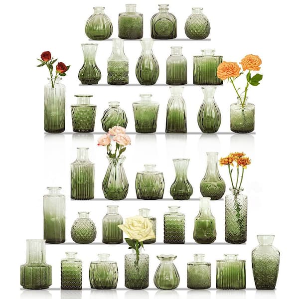 3 in. Bottle Small Vintage Glass Decorative Vase, Multiple Shape Cute Glass Vases for Table and Home, Green (36-Pack)