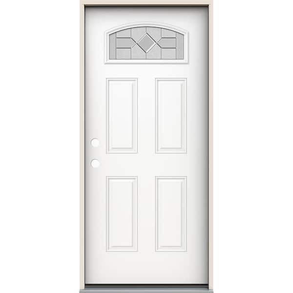 JELD-WEN 36 in. x 80 in. Right-Hand Camber Top Caldwell Decorative Glass Modern White Steel Prehung Front Door