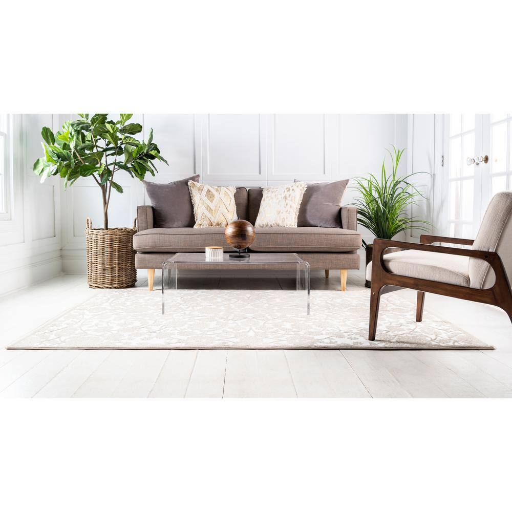 Ivory Floral Rectangular Stain-Resistant Synthetic Rug, 10x13 ft