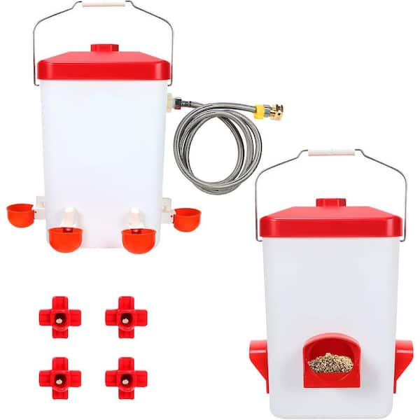 Automatic Chicken Feeder and Waterer Set with 3 Gal. Waterer Nipples and Feeding Ports for Poultry Coop Accessories