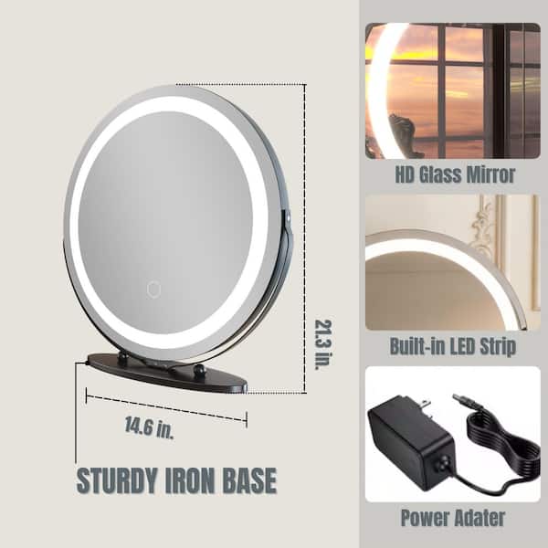 19 in. W x 19 in. H Round Framed Tabletop 3-Color-LED Touch Screen, Makeup Dimmable Lighted Mirror in White