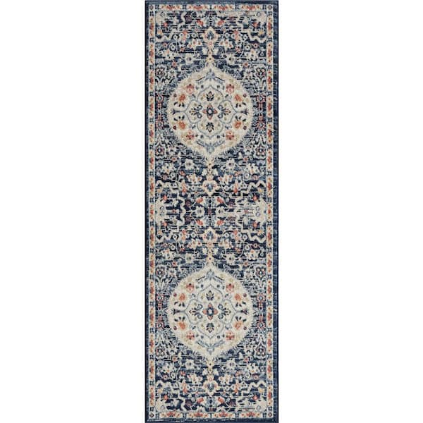 Tayse Rugs Tuscany Medallion Navy 2 ft. x 8 ft. Indoor Runner Rug