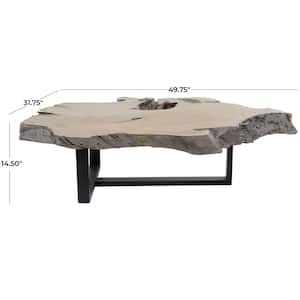 50 in. Gray Medium Round Teak Wood Handmade Live Edge Wood Slab Coffee Table with Black T Stand Base