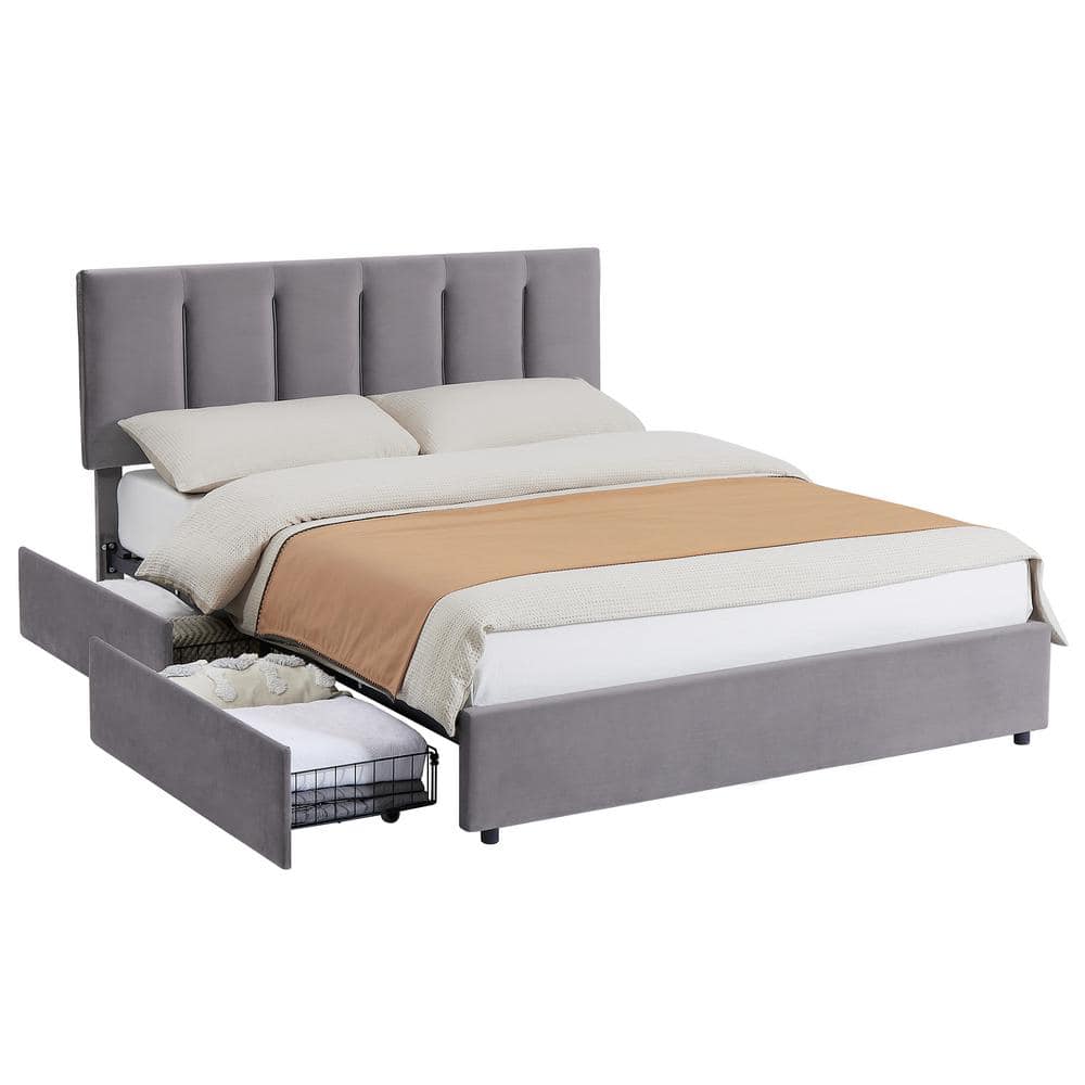 VECELO Upholstered Bed Frame, Gray Queen Metal Frame With 4