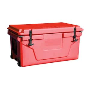 65 QT. Camping Chest Ice Cooler Box in Red with Wheels and Rubber Latches for Outdoor Travels and Campings