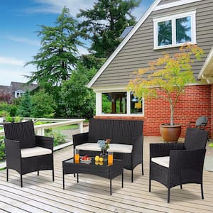 4-Piece PE Wicker Patio Conversation Sectional Seating Set with Cushions Rattan Outdoor Patio Furniture Set