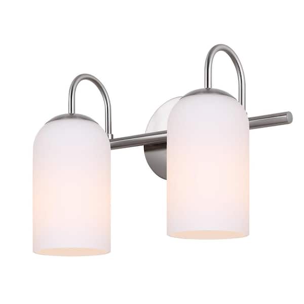 CANARM Novalee 14.5 in. 2-Light Brushed Nickel Vanity with White Glass Shade