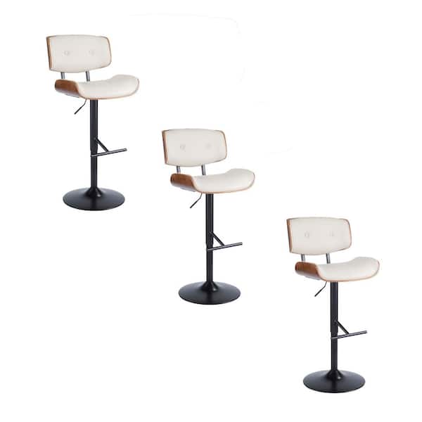 LumiSource Lombardi 34 in. Cream Faux Leather, Black Metal, and Walnut Wood Adjustable Barstool (Set of 3)