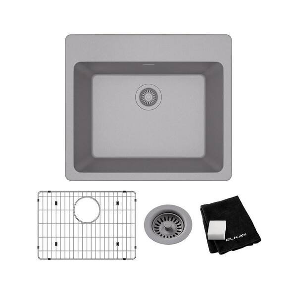 Elkay Quartz Classic Greystone Quartz 25 in. Single Bowl Drop-In Kitchen Sink with Bottom Grid and Drain