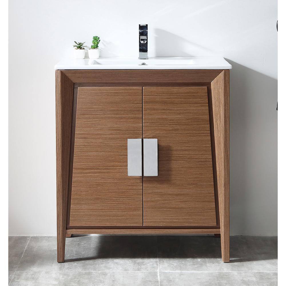 36" Wheat Wood Single Sink Vanity with White Ceramic Top