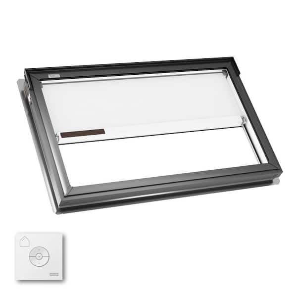 44-1/4 in. x 26-7/8 in. Fixed Deck Mount Skylight w/ Laminated Low-E3 Glass, White Solar Powered Room Darkening Shade