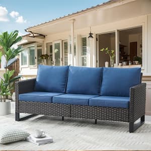 U-Shaped Foot 3-Seat Brown Wicker Outdoor Patio Couch with Blue Cushions