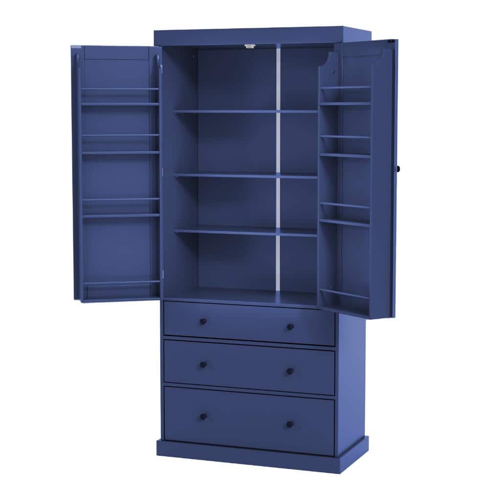 Blue MDF 35 in. x 77 in. Pantry Cabinet with 3 Adjustable Shelves, 8 Door Shelves, and 3 Drawers