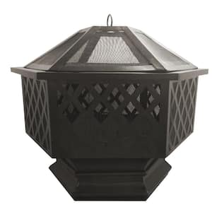 Hexagon 32 in. x 26 in. Outdoor Black Powder-Coated Steel Wood-Burning Fire Pit with Domed Spark Guard