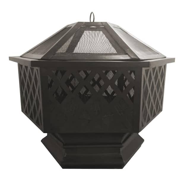 PLOW & HEARTH Hexagon 32 in. x 26 in. Outdoor Black Powder-Coated Steel Wood-Burning Fire Pit with Domed Spark Guard