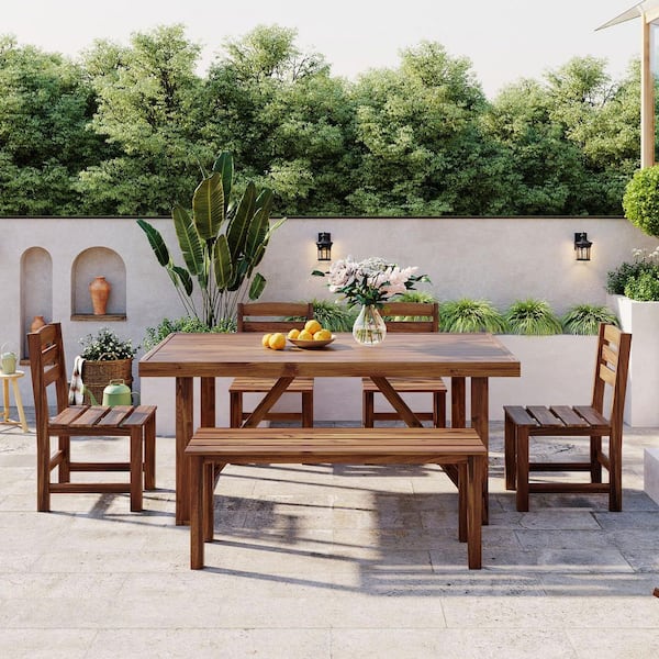 6-Piece Patio Wood Outdoor Dining Set w/Bench+4 Single Chair, All