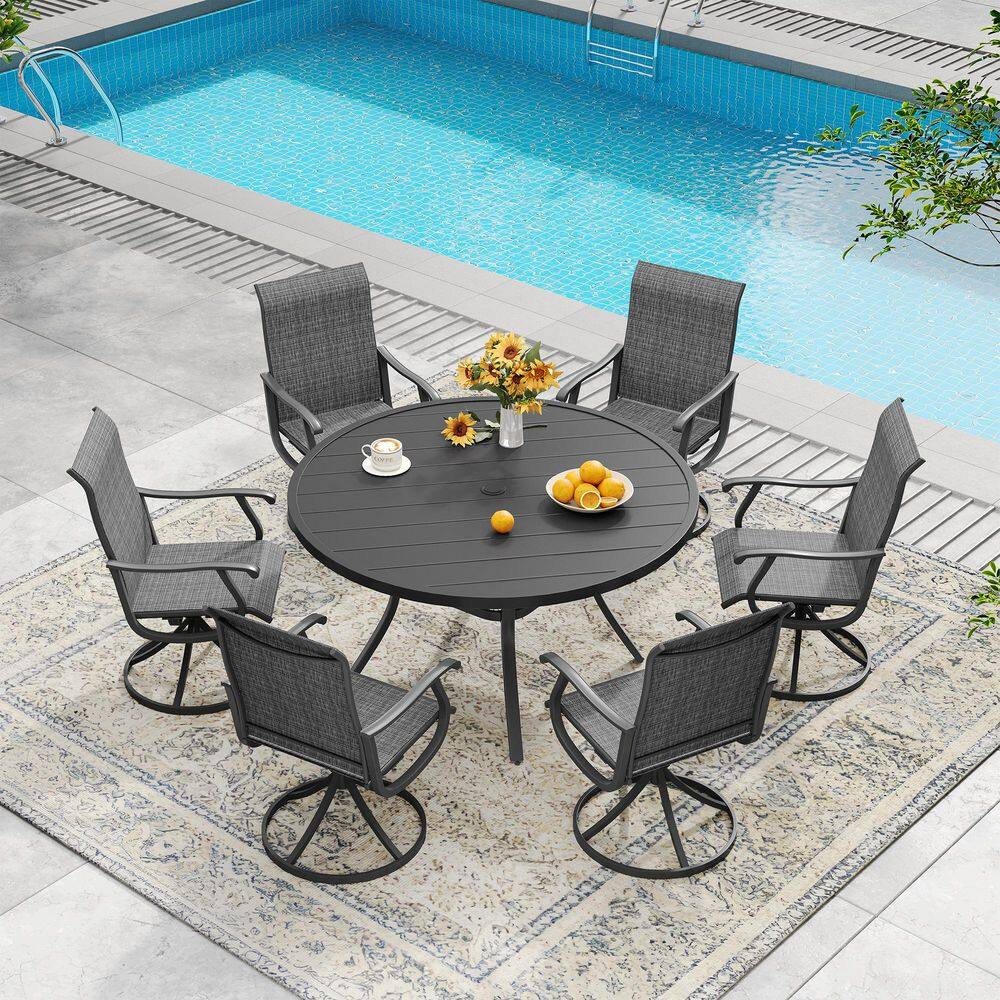 All Weather 7-Piece Metal Outdoor Patio Dining Set with 47.2 in. Black Round Table and 6 Dark Gray Swivel Dining Chairs price history on PriceWatchPro