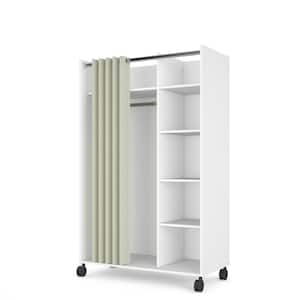 Lola White/Natural Fabric Mobile Armoire with Curtain 62.99 in. H x 39.25 in. W x 19 in. D