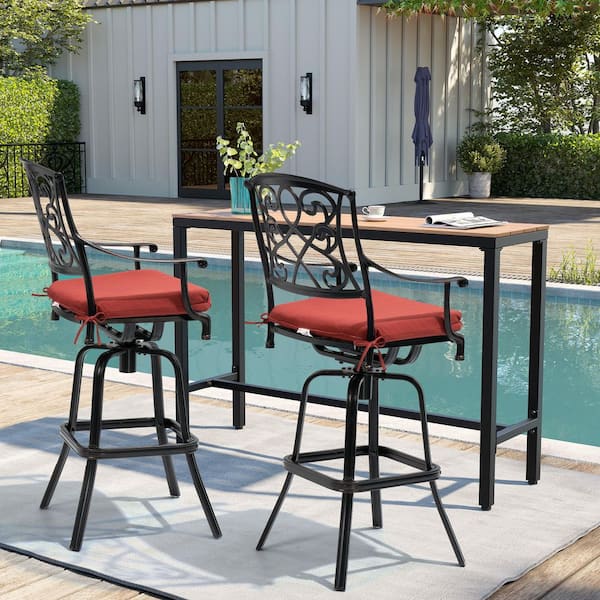 Swivel Cast Aluminum Outdoor Bar Stool Patio Bar Height Chairs with Sunbrella Red Cushion (2-Pack)