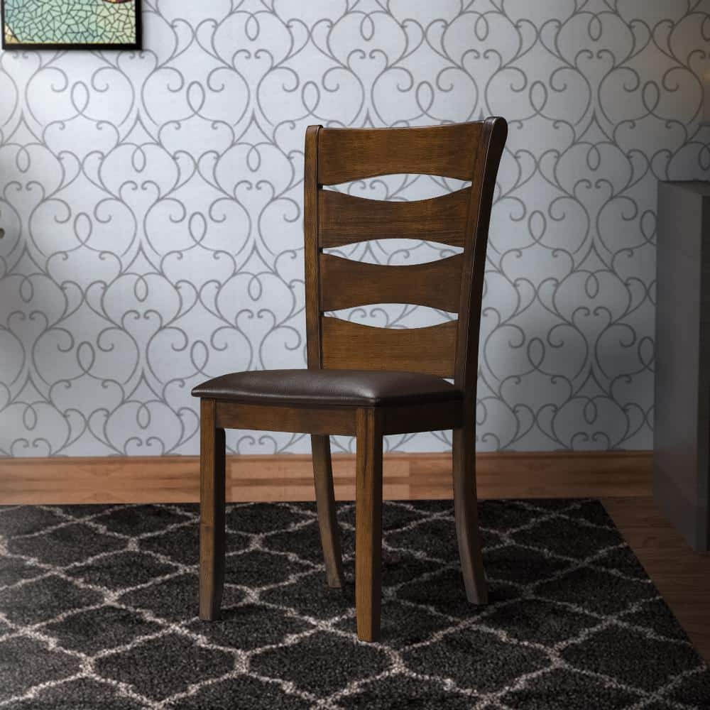 Brown Faux Leather Upholstered Ladderback Wood Side Chair Set