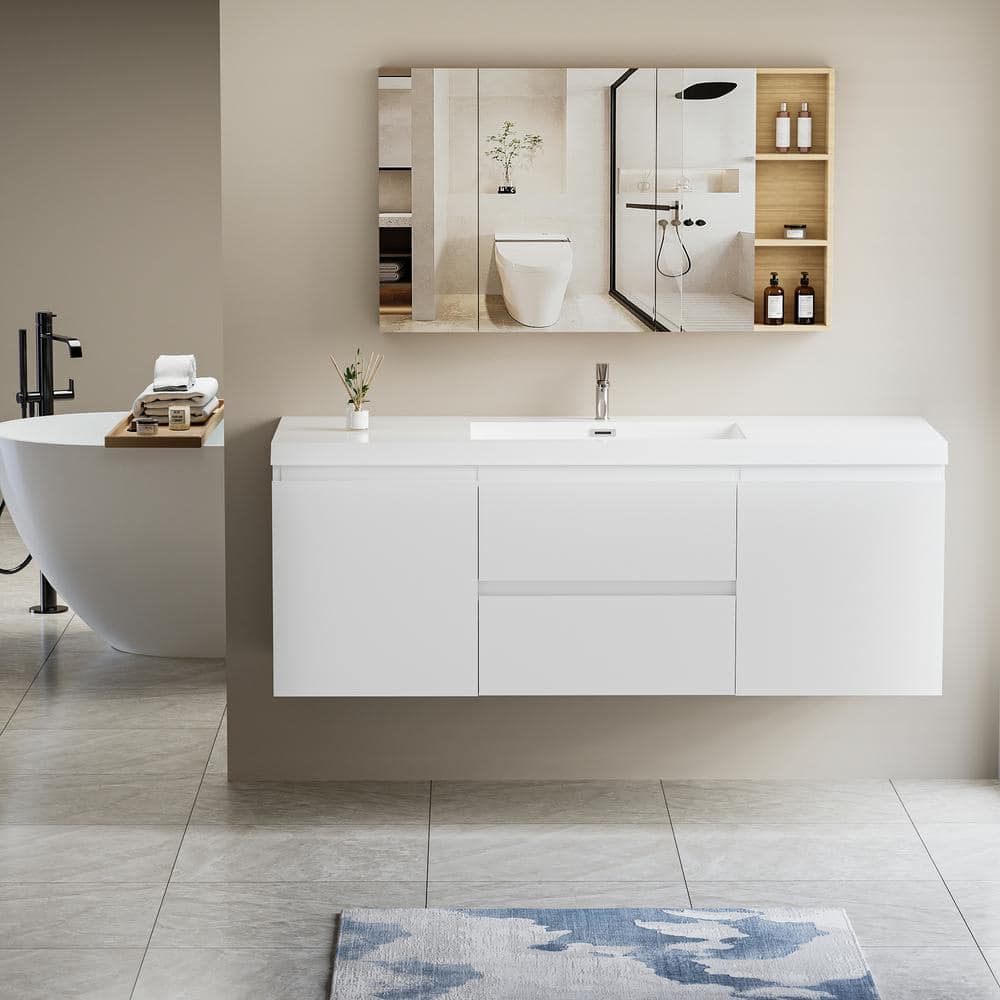 ANGELES HOME 60 in. W Floating Bathroom Vanity in Glossy