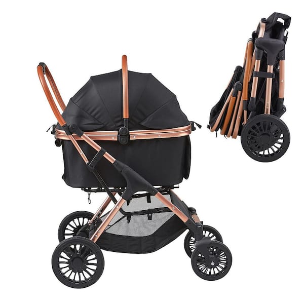 Pet Stroller, 4 Wheels Dog Stroller Rotate with Brakes, 66 lbs. Weight Capacity, Puppy Stroller with Detachable Carrier