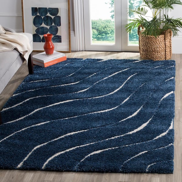 Florida Shag Dark Blue/Cream 8 ft. x 10 ft. Solid Area Rug