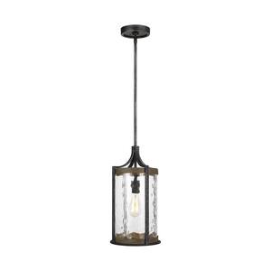 Angelo 1-Light Distressed Weathered Oak and Slate Grey Metal Hanging Pendant with Clear Thick Wavy Glass Shade