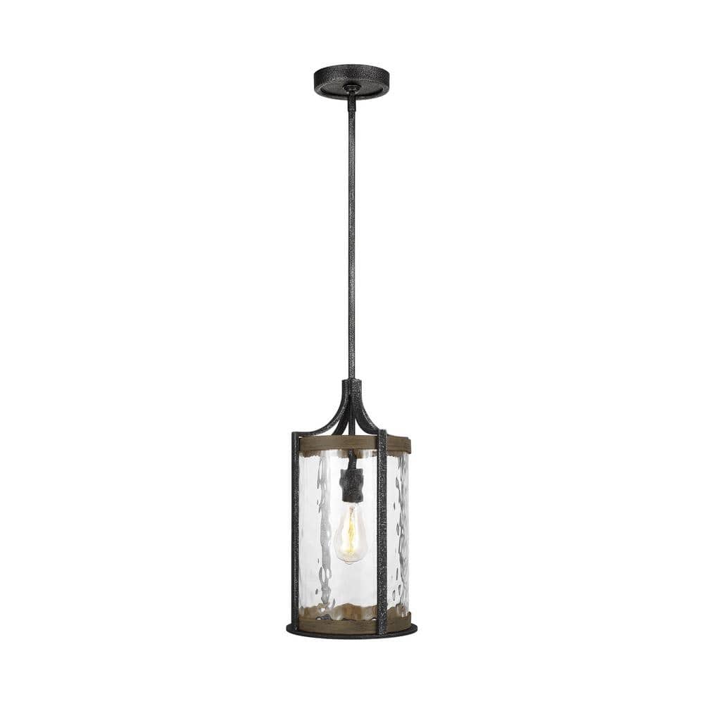 Angelo 1-Light Distressed Weathered Oak and Slate Grey Metal Hanging Pendant with Clear Thick Wavy Glass Shade price history on PriceWatchPro