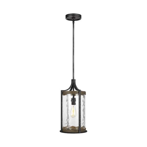 Generation Lighting Angelo 1-Light Distressed Weathered Oak and Slate Grey Metal Hanging Pendant with Clear Thick Wavy Glass Shade