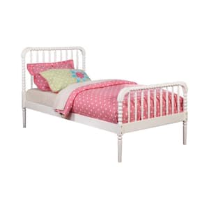 White Wooden Frame Twin Platform Bed with Bobbin Style Slatted Headboard and Footboard