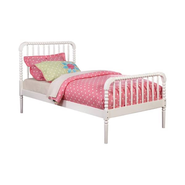 Benjara White Wooden Frame Twin Platform Bed with Bobbin Style Slatted Headboard and Footboard