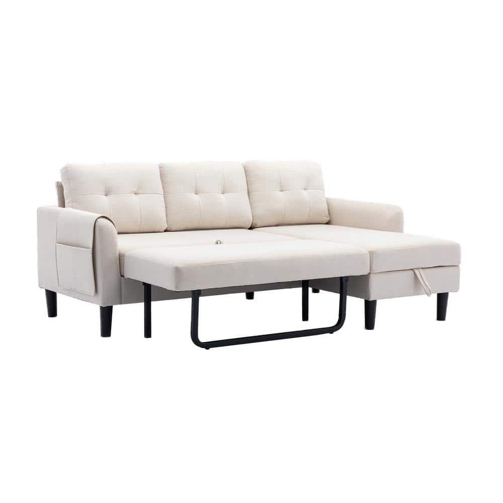 HOMEFUN 73 in. Modern Ivory Fabric Reversible Sleeper Sectional Sofa ...