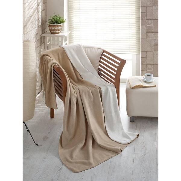 Ottomanson 50 in. W x 65 in. L Beige and Ivory Reversible Soft Cotton Cozy Fleece Blanket