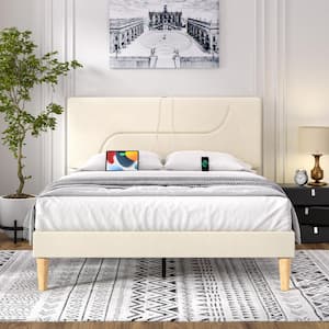 Upholstered Bed Frame Beige Metal Frame Queen Platform Bed with LED Lights, Velvet Headboard & Charging Station