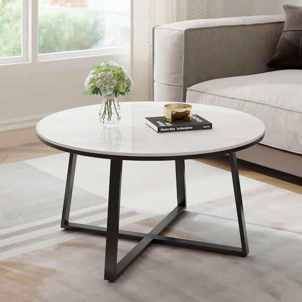Maypex Dia 29.9 in. x H 17.7 in. White Color Tabletop Round Faux Marble Sintered Stone Tabletop Coffee Table