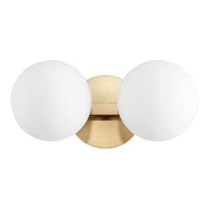Modern and Contemporary Globe 14 in. W  2-Lights Aged Brass Vanity Light with Satin Opal