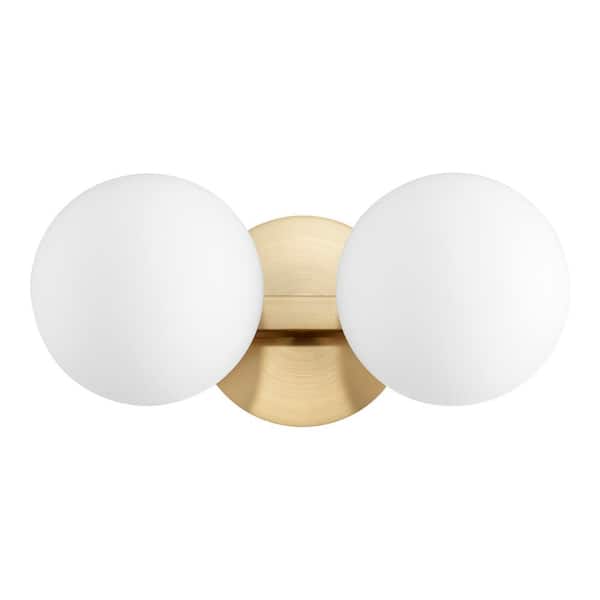 Quorum INTERNATIONAL Modern and Contemporary Globe 14 in. W  2-Lights Aged Brass Vanity Light with Satin Opal