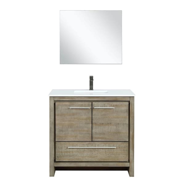 Lafarre 36 in W x 20 in D Rustic Acacia Bath Vanity, White Quartz Top, Gun Metal Faucet Set and 28 in Mirror