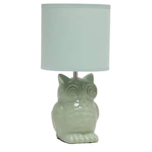 12.8 in. Sage Green Tall Contemporary Ceramic Owl Bedside Table Desk Lamp with Matching Fabric Shade