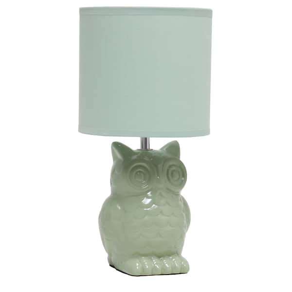 Simple Designs 12.8 in. Sage Green Tall Contemporary Ceramic Owl Bedside Table Desk Lamp with Matching Fabric Shade
