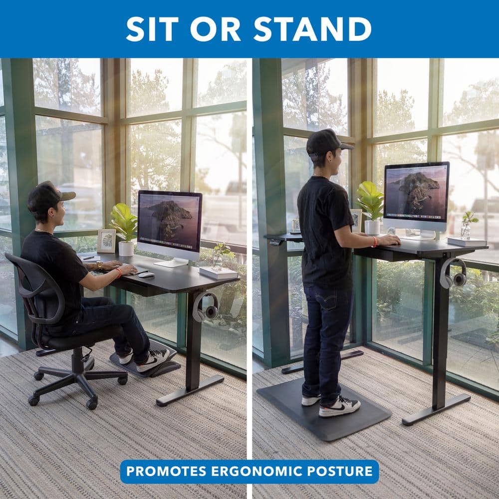 AdaptaDesk 35" Black Wood Electric Sit-Stand Corner Desk with Drawer